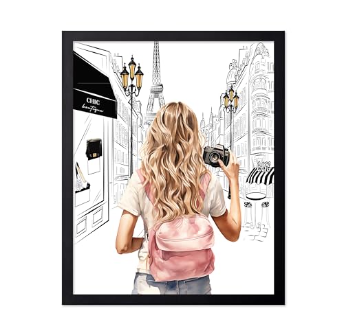 Image of Poster Master Fashion Poster - Lady With A Camera Print - Trendy Art - Paris Art - Modern Art - Gift for Women & Fashionista - Glamour Wall Decor for Bedroom or Girl's Room, 11x14 Black Framed