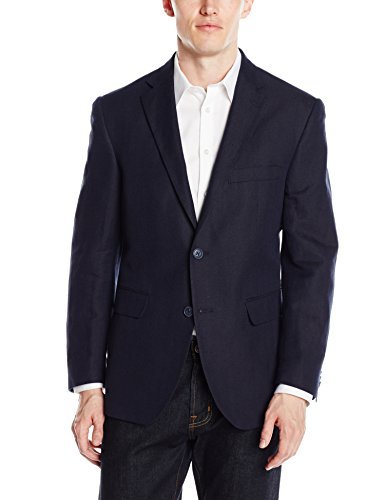 Louis Raphael Men's Slim Fit 2 Button Side Vent Linen Blend Herringbone Blazer, Navy, 44 Regular