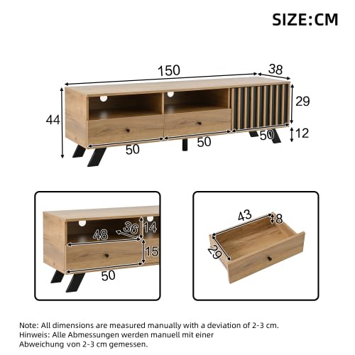 Merax TV Schrank, Lowboard für 60 Zoll Fernseher, Wohnzimmer Möbel aus Spanplatte mit Holzmaserung und Schwarz, 2 Schubladen, 1 Schrank, Kabelmanagement, für kleine Wohnungen