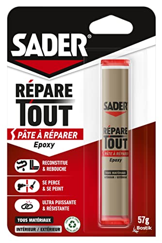 Sader Répare Tout - Pâte à Réparer Epoxy - Tous Matériaux – Intérieur/Extérieur – Couleur : Gris – 1 Tube 57 g 30621068
