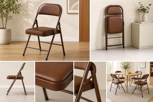Image of MLU Foldable Padded Folding Chair with Cushion Seat & Backrest | Heavy Duty Steel Frame | Portable Space Saving Chair for Home, Office, Events (Brown, 1 Chair)