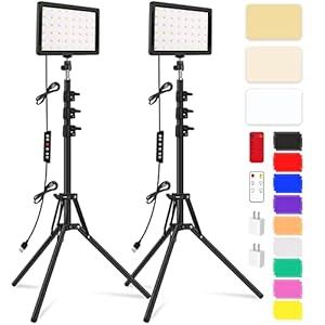 2 Packs LED Video Light Kit with 61.99″ Tripod Stand, Dimmable 2400-6800K Photography Lighting for Studio Portraits/YouTube/Zoom Meeting/Live Stream/Makeup, 9 Color Filters/USB Wall Charger