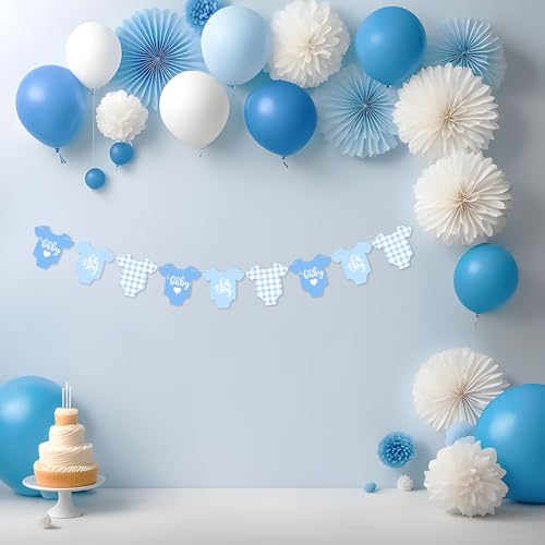 Image of Blue Gingham Baby Shower Banner, 9 Pieces Baby Blue Babysuit Garland Banner for It's a Boy Baby Shower Decoration