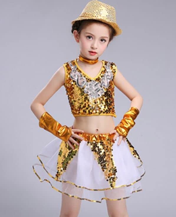 Pipravtra Western Dance Dress Skirt Top Costume Set GoldWhite, 45