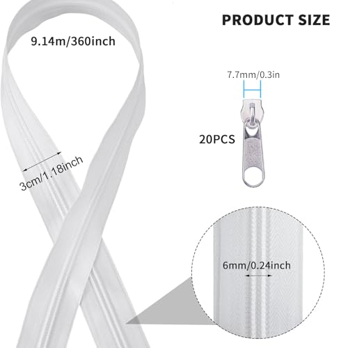 zrfgbxim 9.3m Zips for Sewing White Continuous Zip and Sliders, Nylon Coil Zipper by the Yards - Image 2