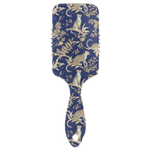 Cepillo desenredante de pelo liso con hojas de leopardo azul y dorado, diseñado para cabello liso con mango ergonómico para definir rizos