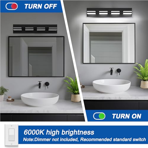 Image of IZORRO LED Modern Bathroom Lights Fixtures(4-Light,Dimmable,360Rotate),Matte Black Acrylic Wall Lighting,Vanity Lights for Bathroom Over Mirror - 6000k 24In (No Assembly Required)