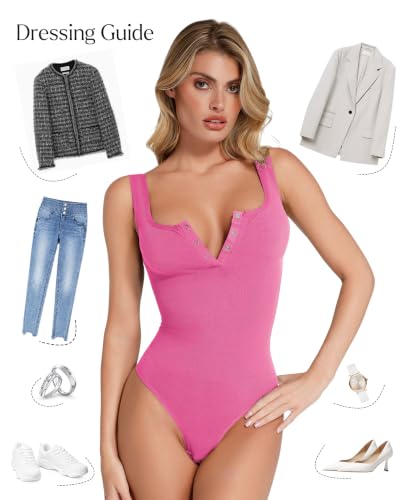 Image of Popilush Bodysuits for Women Tummy Control Body Suits Thong Summer Outfits | Corset Tops Shapewear Henley Shirts Tank Top for Country Concert Going Out Date Night, Comfort All Day