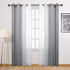 DWCN Grey Faux Linen Ombre Sheer Curtains – Semi Voile Gradient Grommet Top Curtains for Bedroom and Living Room, Set of 2 Window Curtain Panels, 52 x 84 Inches Long