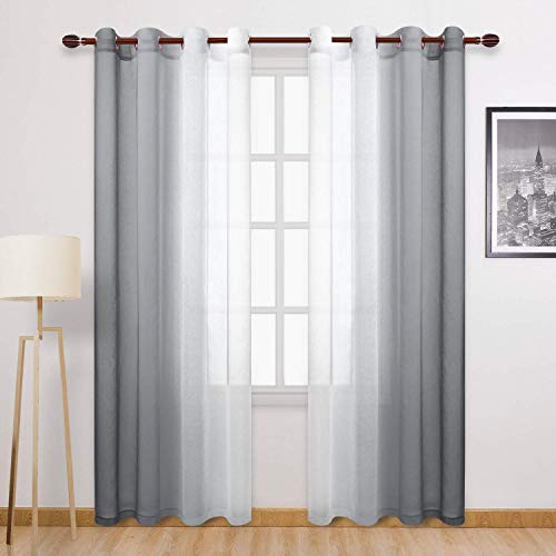 DWCN Grey Ombre Sheer Curtains - Gradient Faux Linen Semi Voile Bedroom and Living Room Curtains, Set of 2 Grommet Top Window Curtain Panels, 52 x 84 Inches Long by DWCN - Used condition - CA$15.02