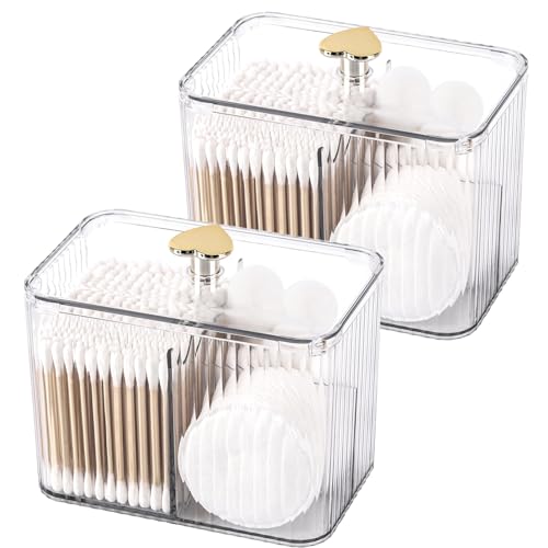 Image of Tbestmax Qtip Holder Dispenser 3-Section Clear Bathroom Organizer Jar 3 Grids Cotton Swab /Pad /Ball Holder Container Cosmetics Storage for Vanity(2 Pack)