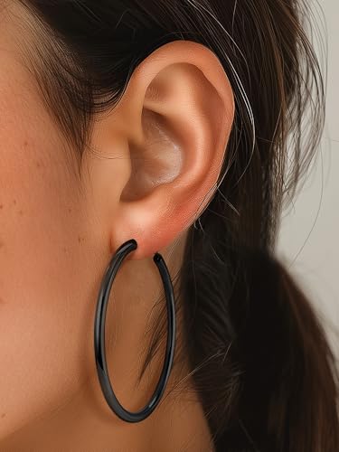 Image of Stainless Steel Chunky Hoop Earrings For Women, Minimalist and Chic, Black /Gold Plated, Round Hoops Earrings Hypoallergenic, Size: 30mm /40mm /60mm /80mm, Come with Box