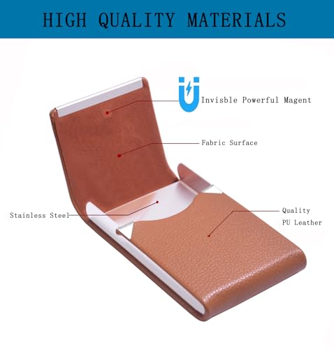 Business Card Holder with Ultra Slim Design,Business Card Case with Premium PU Leather, Suit Pocket Metal Card Holder for Women/Men,Professional Name Card Holder with Magnetic Shut (Brown)2