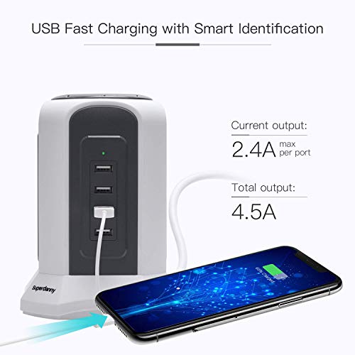 10Ft Power Strip Tower Wireless Charger Superdanny Surge Protector Extension Cord 10A 9-Outlet 4.5A 4 Usb Electrical Charging Station Universal Socket For Laptop Phone White And Gray #TOP2