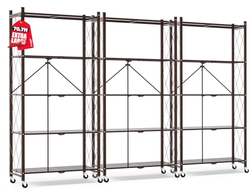 Image of ALANNG 70.7 inch H Metal Storage Shelves, 5 Tier Folding Shelf on Wheels | Heavy Duty, No Assembly, Rolling, Collapsible Rack Unit for Kitchen, Basement, Pantry (Vintage Brown,3 Pack)