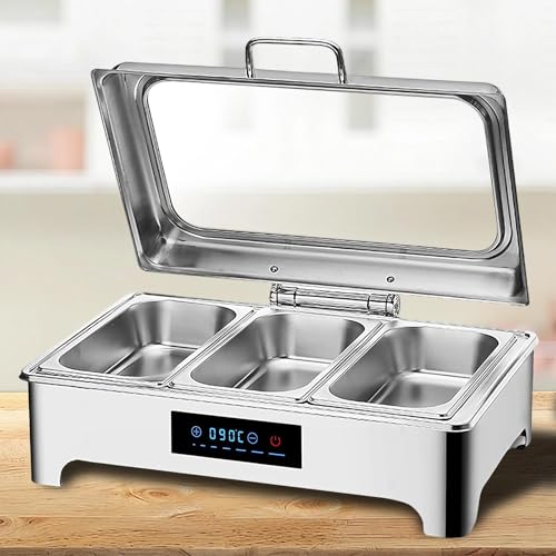 Aocay Chafing Dish Electrico 9L, Calentador de Alimentos con Tapa de Cristal y Control de Temperatura con Pantalla Táctil, Acero Inoxidable Chafing Dish Calentador de Comida para Buffet(1/3 Pan)