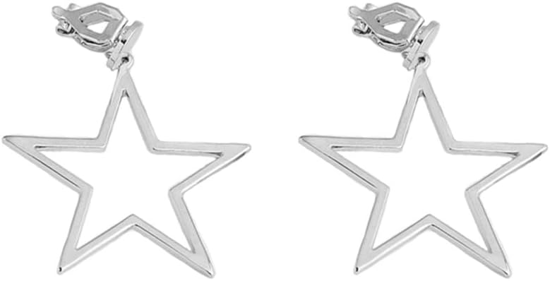 Clip on Hollow Star Fake Dangle Drop Earrings for Women Girls Non Pierced Ear Dainty Hypoallergenic Sterling Silver Plated Star Charm Cuff Wrap Dangling Hanging Fashion Lightweight Christmas Party Jewelry Gifts Daughter Bff