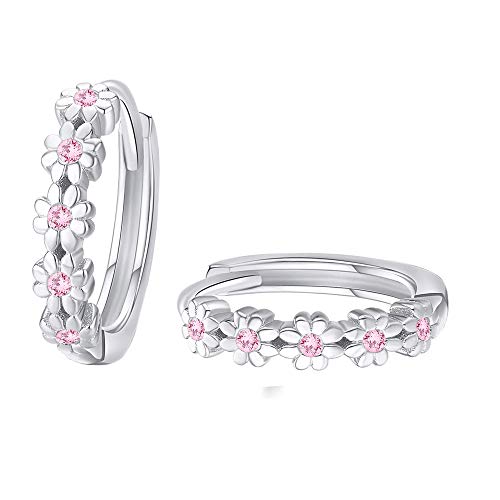 CiNily Hoop Earrings for Women Flower Pink Cubic Zirconia Huggie Earrings Hypoallergenic 14K White Gold Plated Cartilage Earrings