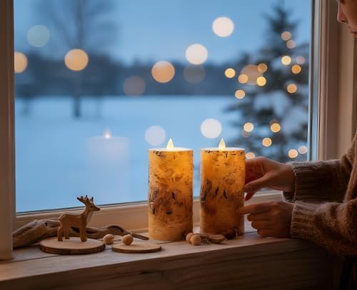 Image of Birch Bark Wax Flameless Candles with Remote Timer, Last 400-Hour with 2AA Batteries, 3D Moving Flame Led Candles, Set of 2(3''x6''), Remote Included(Birch bark).