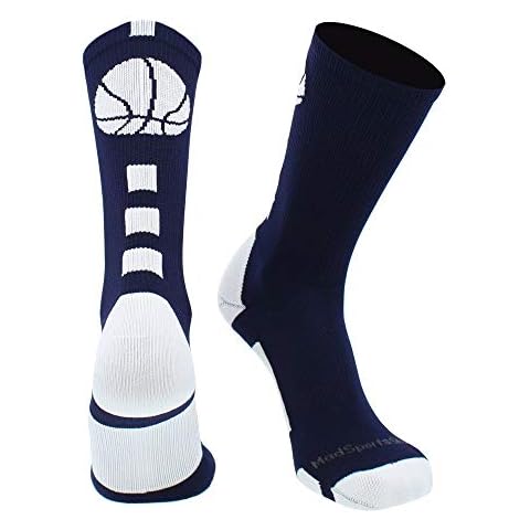 MadSportsStuff Basketball Socks with Basketball Logo Crew Socks (Navy/White, Small) Cover