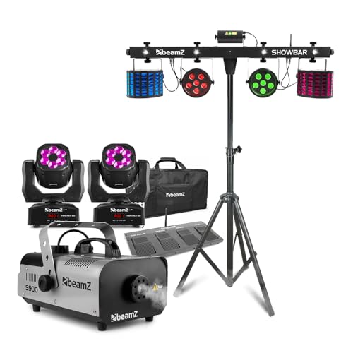 BeamZ SHOWBAR Free DJ Light Bar with Moving Heads, PAR Cans, Derby Lights, Strobe Effects & Smoke Machine - Complete Disco Light Package for DJs, Parties & Events - partybar