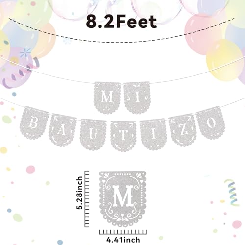 Image of Mi Bautizo Banner - God Bless Banner, Mi Primera Comunion Decor, First Holy Communion Sign, Baptism Christening Baby Shower Party Decorations Silver Glitter