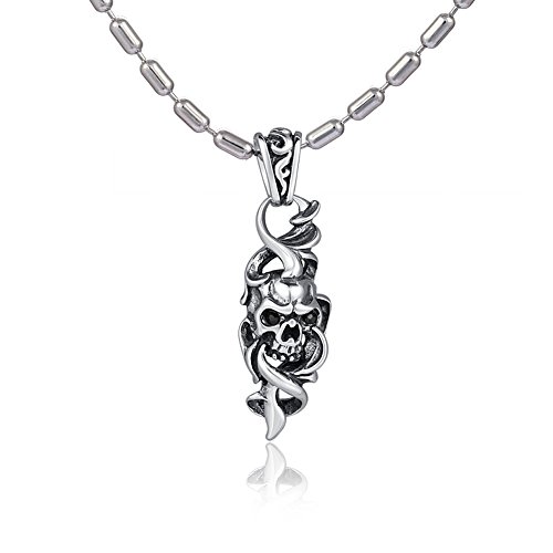 DonDon - Collar Hombre Acero Inoxidable Calavera con Piedra Negra, Incluye Bolsa de Terciopelo Negro, Acero Inoxidable, Circonita Cúbica