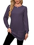 Famulily Women Long Shirts Crew Neck Self Striped Tunics to Wear for Leggings Dressy Blouse Tops with Pockets Purple XL