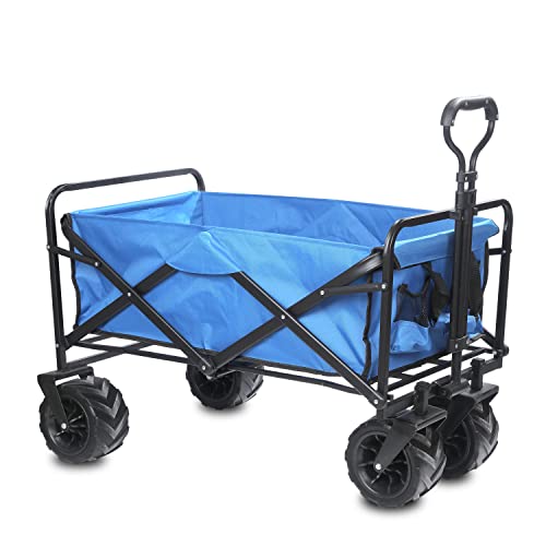Collapsible Wagon - 198 Lbs Capacity Folding Wagon, Heavy Duty Utility Wagon, Beach Wagon with Two Storage Bags, Universal Wheels & Adjustable Handle, Grocery Cart for Outdoor Garden Camping, Blue