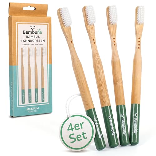 Bambuna Juego de 4 cepillos de dientes veganos, sin plástico, cepillo de dientes de bambú con cerdas de aceite de ricino, dureza media, revestimiento de barniz natural, sin BPA, etiquetado en el mango