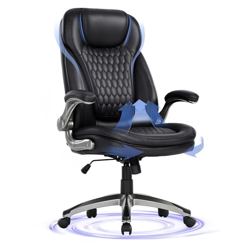 Executive Office Chair-Ergonomic Computer Desk Chair, High Back Leather Chair with Padded Flip-up Arms, Swivel Home Office Chair Upgraded Caster-Black
