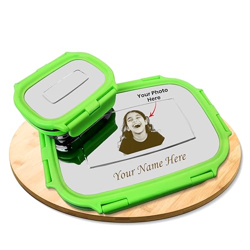 Image of SAVRI Personalized Kids Stainless Steel Lunch Box Green- Customized Photo & Name Laser Printed Tiffin Box | Leakproof School Snack Storage for Boys & Girls | Birthday Return Gift, Daycare &Picnic Use