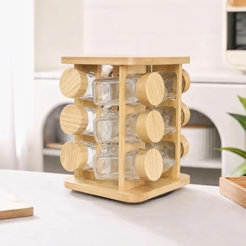 Image of 360 Rotating Spice Rack Organiser, 2-Tier Bamboo Stand with 8 Glass Jars, 250ml Each, BPA Free, Kitchen Storage (12 Glass Spice Jars & Bamboo Lids)