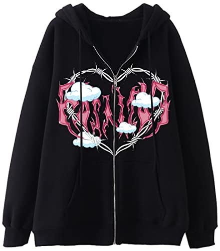 YINGKE Mujer Sudadera con Capucha Manga Larga con Estampado Esqueleto y Cremallera Y2K E-Girl Punk Gótico Harajuku Streetwear (S, Negro) Cover