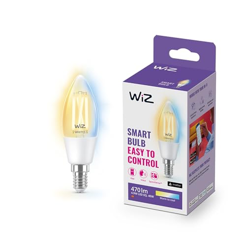 WiZ Smart Bulb, White E14 Candle LED Bulb 40W, Warm to Cool White Light, Connected WiFi Works with Alexa, Google Asst & HomeKit, App Control for Livingroom, Bedroom with Circadian Rhythm Lighting