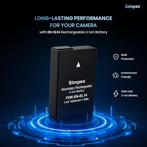 Image of Simpex EN-EL14 Rechargeable Camera Battery 1030mAh 7.4V Li-ion Battery Pack Compatible with Nikon D3100, D3200, D3300, D3400, D3500, D5100, D5200, D5300, D5500, D5600, DF & Coolpix Cameras(Black)
