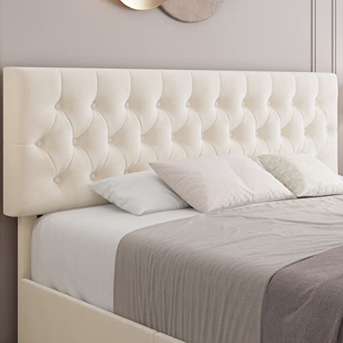 Keyluv Modern Upholstered Bed Frame With 4 Drawers, Button Tufted Headboard Design, Solid Wooden Slat Support, Easy Assembly, Soft Velvet, Beige, Queen Size #TOP4