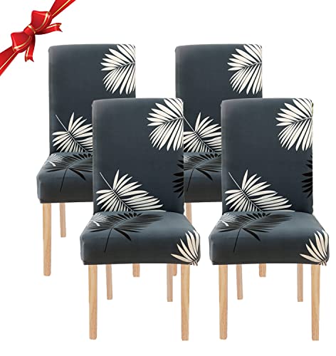 Jaotto Housse de Chaise Salle à Manger Extensible 4 Pièces,Housse de Chaise Universelle Lavables,Couverture de Chaise Facile à Nettoyer pour Décor Salle à Manger Hôtel Restaurant,Feuilles Noires Cover