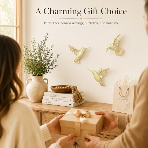 Image of GUSFREUD 3D Hummingbird Wall Decor Set - Gold Resin Bird Wall Decor for Living Room, Bedroom and Gallery Walls - Champagne Gold - Set of 3