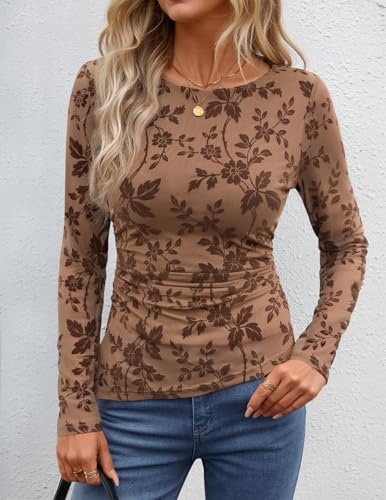 Image of ZESICA Womens Floral Long Sleeve Shirts 2026 Spring Boat Neck Mesh Ruched Tops Fitted Asymmetrical Going Out Blouses