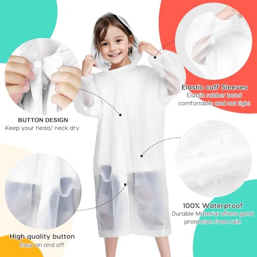 Image of BFONS Rain Ponchos for Kids, Reusable Raincoats for Boys Girls with Hood and Sleeves, Waterproof Rain Jackets for Travel Outdoor White 2PCS