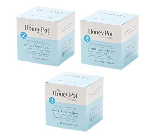 The Honey Pot Company Sensitive Feminine Hygiene Wipes 15 Count! Formulated with Coconut Oil, Aloe, Cucumber, Oat and Calendula! Plant-Based Feminine Wipes! Help Balance, Nourish & Restore! (3 Pack)