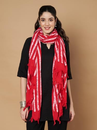 Image of Women's Cotton Rayon Bandhani Print Dupatta with Tassels 2.25 Meters | Women's cotton printed dupatta with tassels.