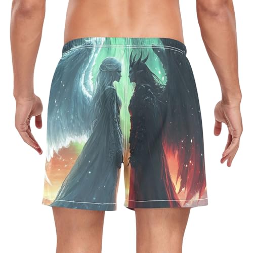 Cool Angel White Black Mens Swim Trunks with Liner, Cool Quick Dry Beach Swim Shorts, Swimwear Bathing Suits S2
