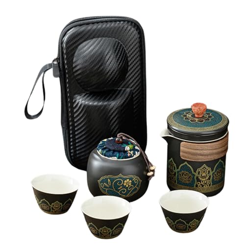 Yertelon 茶器セット陶器 旅行ティーセット 携帯用 旅行 収納バッグ付き 中国茶器 急須 湯呑セット カップポータブル 旅行用茶具セットギフト (ブラック, 旅行バッグ)