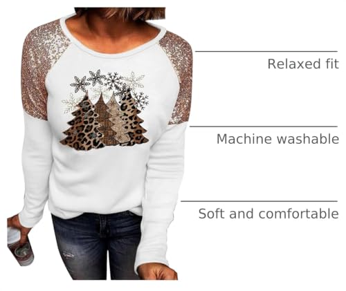 Image of Women Leopard Christmas Trees Snowflake Sequined Splicing Blouse T Shirts Xmas Graphics Print Casual Long Sleeve Tees