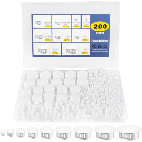 200Pcs White Nylon Hole Plug Set (9 Sizes: 1 7/8 3/4 5/8 1/2 3/8 5/16 1/4 1/5) - Plastic Hole Plugs Assorted Sizes Precision Fit End Caps for Cabinets & Furniture Screw Hole Plugs