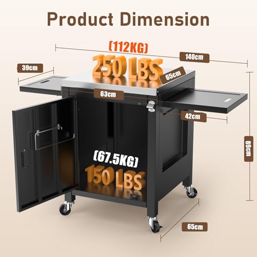 GFTIME Grillwagen 140x65x89cm Outdoor Küchenwagen, Tragbarer Servierwagen mit 2 Klappbarer Beistelltisch, Grilltisch für Onni Pizzaöfen, außenküche für Ninja Woodfire und Weber Q Serie, outdoorküche