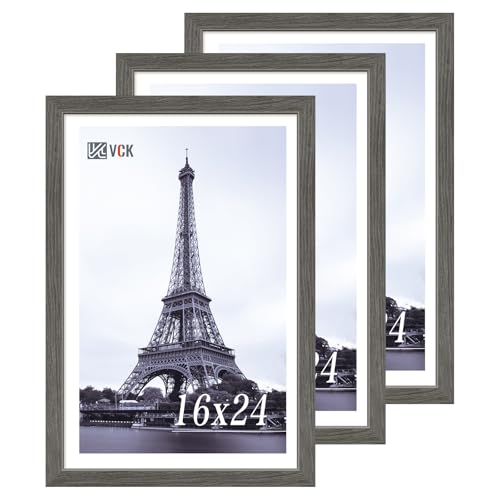 Image of VCK 16x24 Poster Frame Solid Wood Gray Grey 3 Pack Picture Frames 16 x 24 Inches with Wall Mounting Hanging