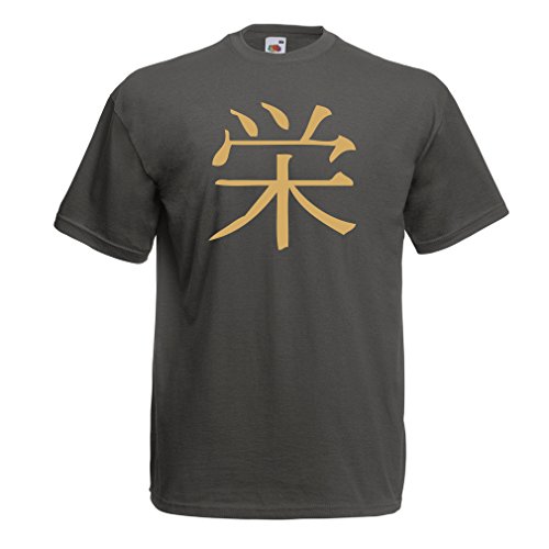 lepni.me Camisetas Hombre Insignia de Prosperidad - Símbolo de Kanji Chino/Japonés (Small Grafito Oro)